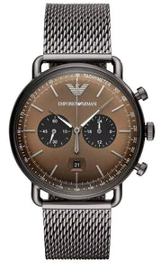 Emporio Armani Aviator Brown Dial Grey Mesh Bracelet Watch For Men - AR11141