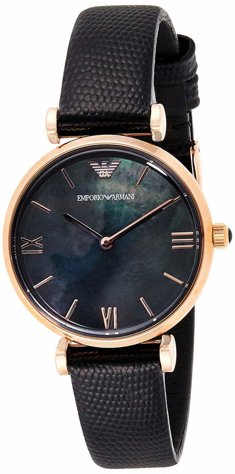 Emporio Armani Gianni T Bar Black Mother Of Pearl Dial Black Leather Strap Watch For Women - AR11060