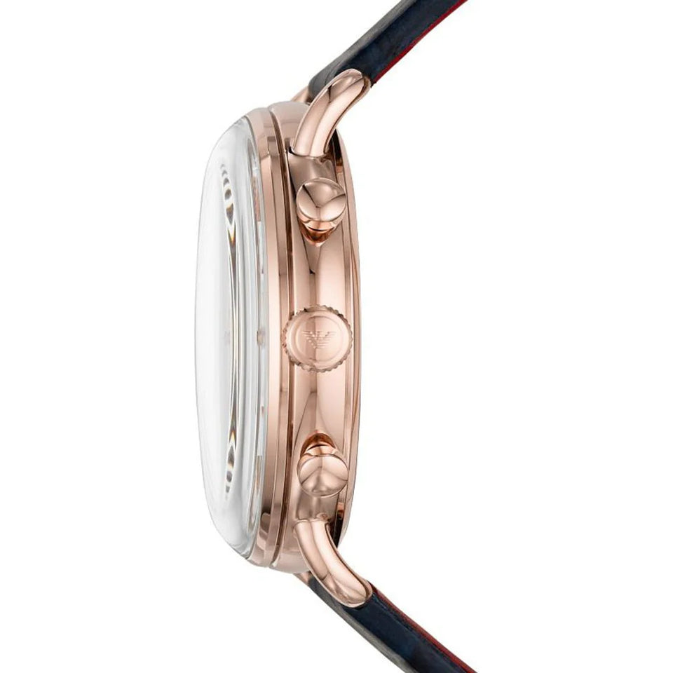 Emporio Armani Aviator Silver Dial Blue Leather Strap Watch For Men - AR11123