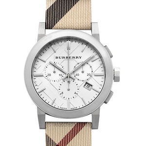 Burberry The City Nova Chronograph White Dial Checked Brown Leather Strap For Men - BU9357