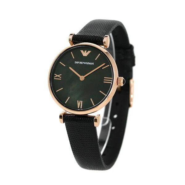 Emporio Armani Gianni T Bar Black Mother Of Pearl Dial Black Leather Strap Watch For Women - AR11060