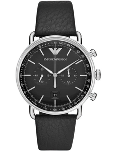 Emporio Armani Aviator Chronograph Black Dial Black Leather Strap Watch For Men - AR11143