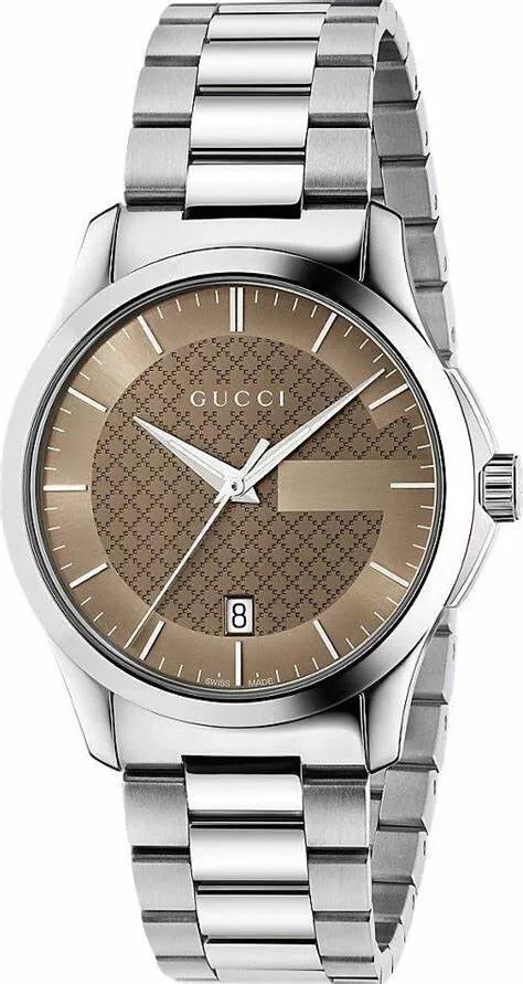 Gucci G Timeless Brown Dial Silver Steel Strap Watch For Men - YA126445